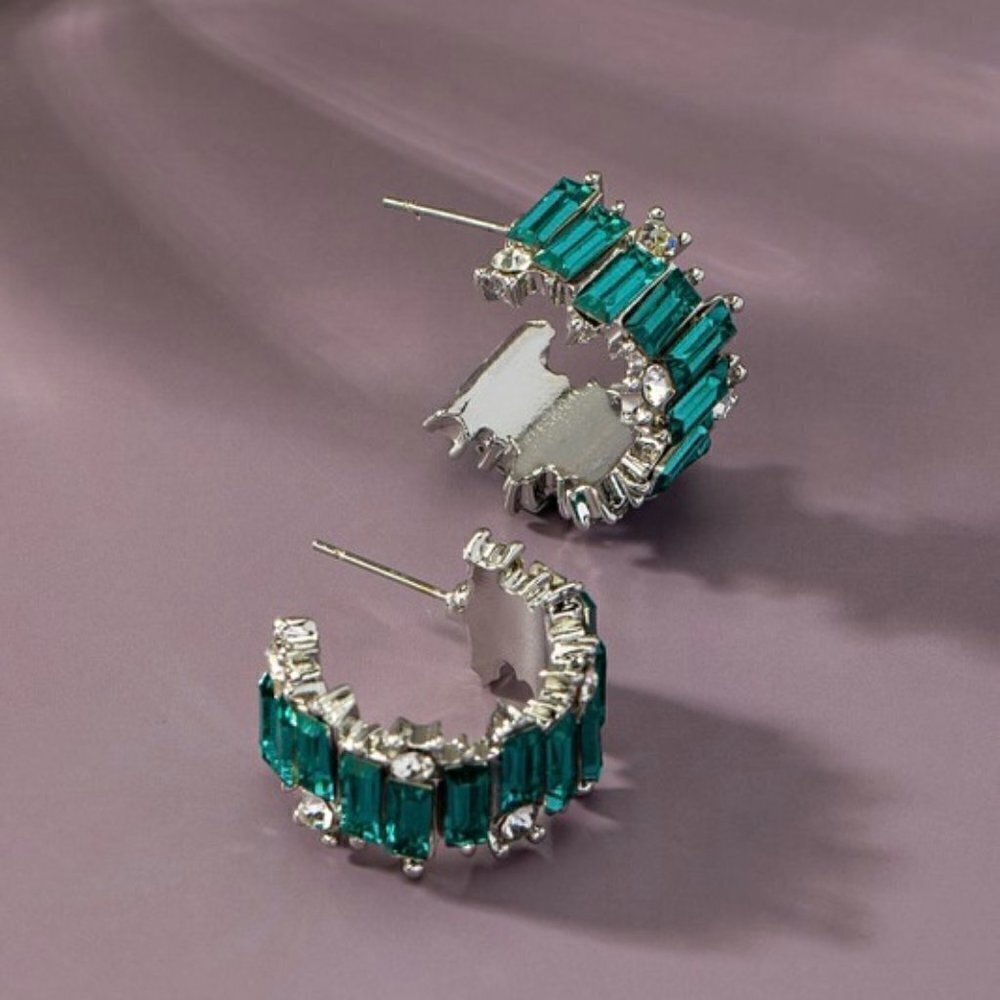 1 LEFT!! MIREILLE GREEN BAGUETTE HOOP EARRINGS